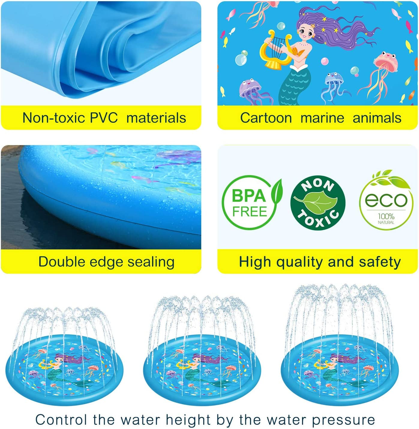 3-in-1 Kids Sprinklers for Outside - 59" Mermaid Splash Pad, Baby Pool, and Water Toys for Toddlers & Young Children (Ages 1-5)