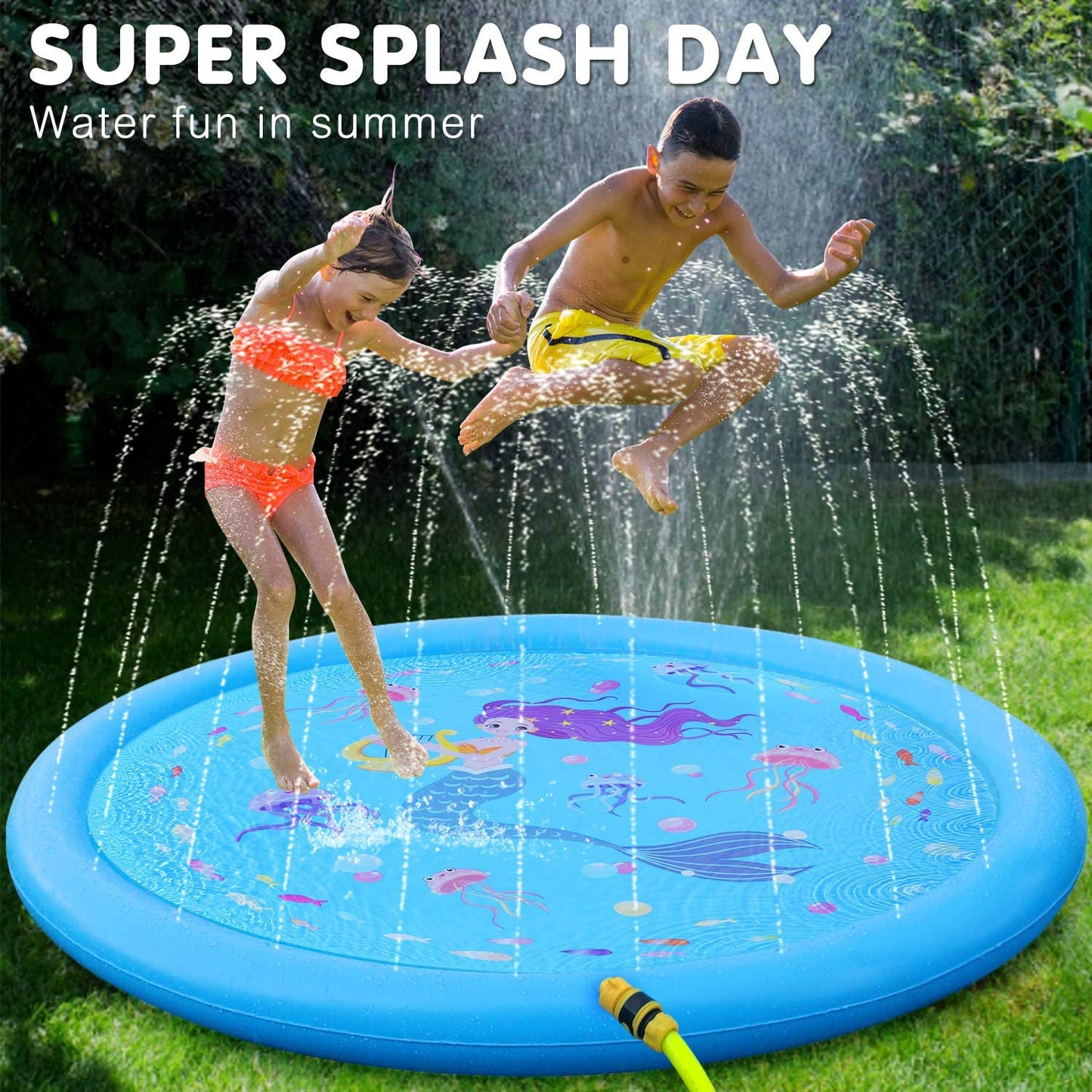 3-in-1 Kids Sprinklers for Outside - 59" Mermaid Splash Pad, Baby Pool, and Water Toys for Toddlers & Young Children (Ages 1-5)