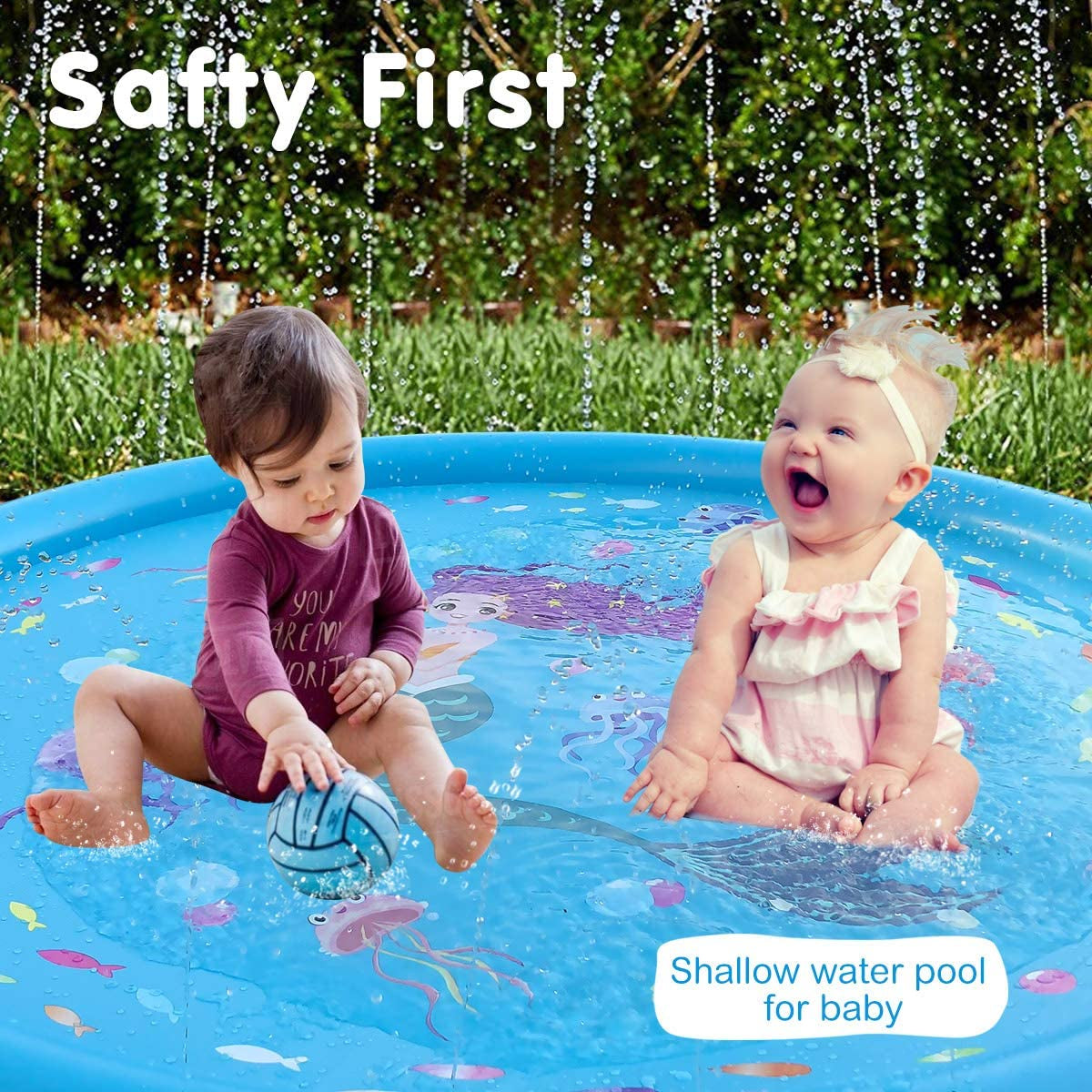 3-in-1 Kids Sprinklers for Outside - 59" Mermaid Splash Pad, Baby Pool, and Water Toys for Toddlers & Young Children (Ages 1-5)
